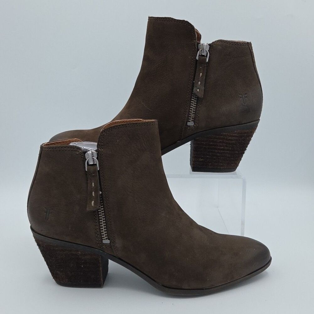 Frye Judith Zip Casual Ankle Booties Womens Size 7.5 M Dark Brown Nubuck Leather